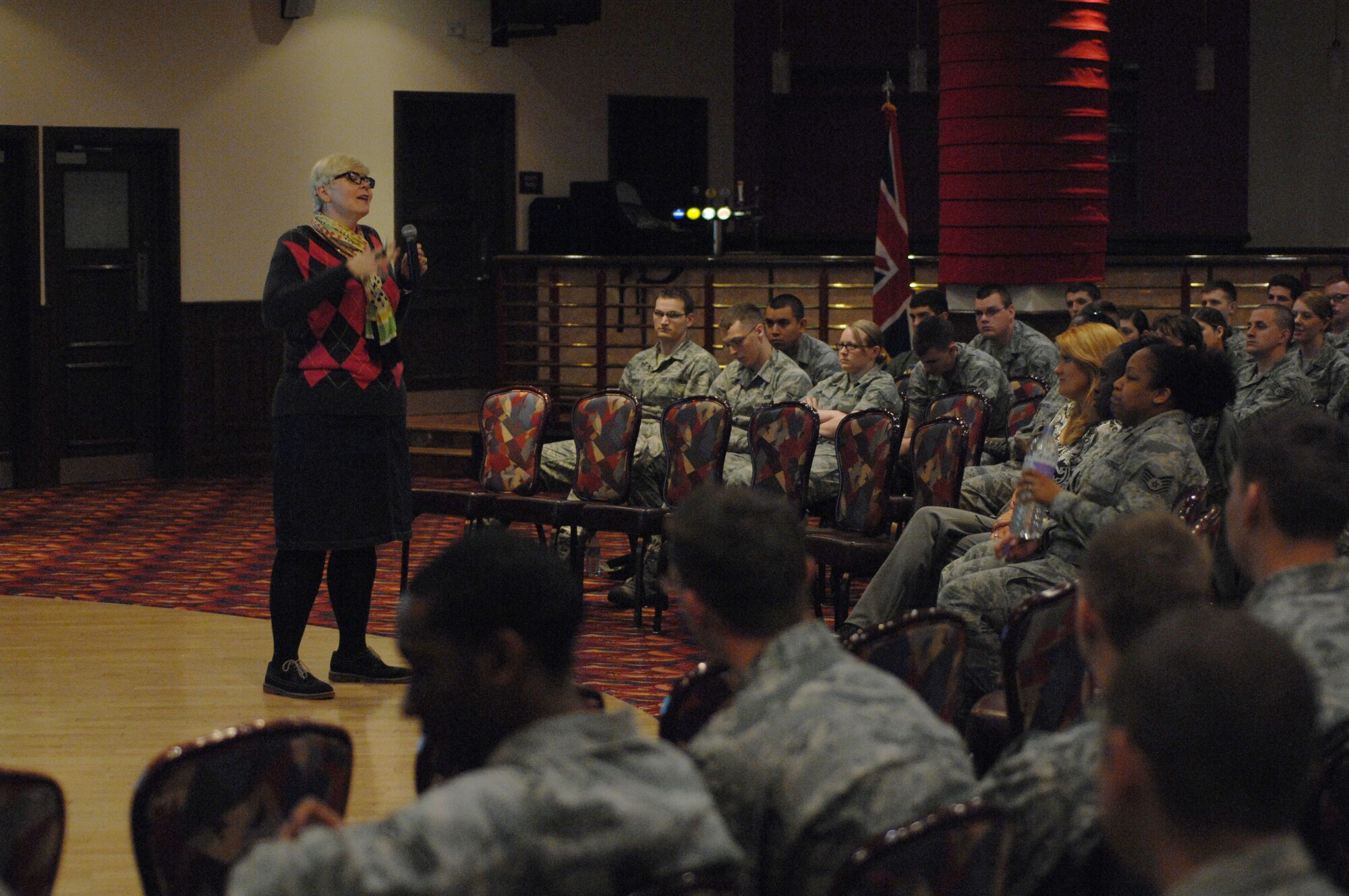 Heather Imrie, Catharsis Productions director of program development from Chicago, speaks to Team Mildenhall Airmen about sexual assault awareness during the presentation “The Hook-up” May 8, 2013, at the Galaxy Club on RAF Mildenhall, England. Catharsis toured U.S. Air Forces in Europe bases during the week of May 6. (U.S. Air Force photo by Airman 1st Class Dillon Johnston/Released)