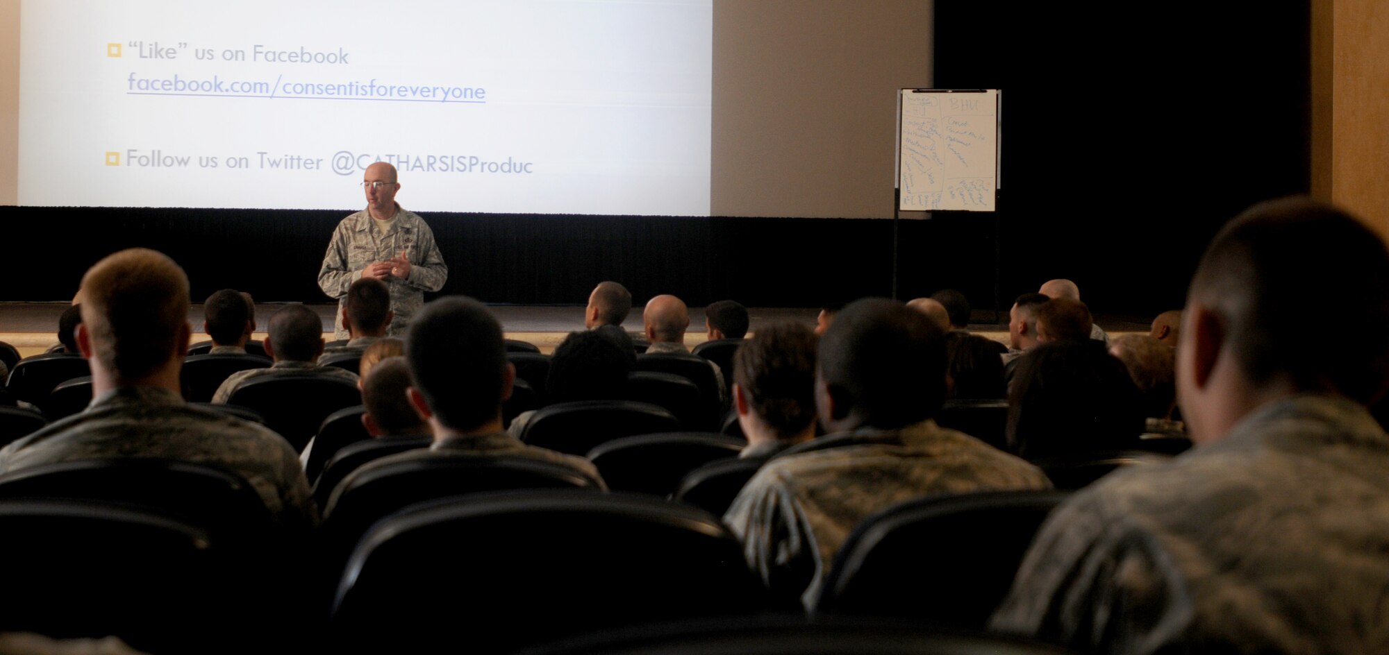 Chief Master Sgt. Jeffrey Craver, 31st Fighter Wing command chief, talks to Airmen about sexual assault prevention during a sexual assault awareness briefing May 7, 2013, at Aviano Air Base, Italy. Craver called for a revolution against sexual predators in the military. (U.S. Air Force photo/Airman Ryan Conroy) 