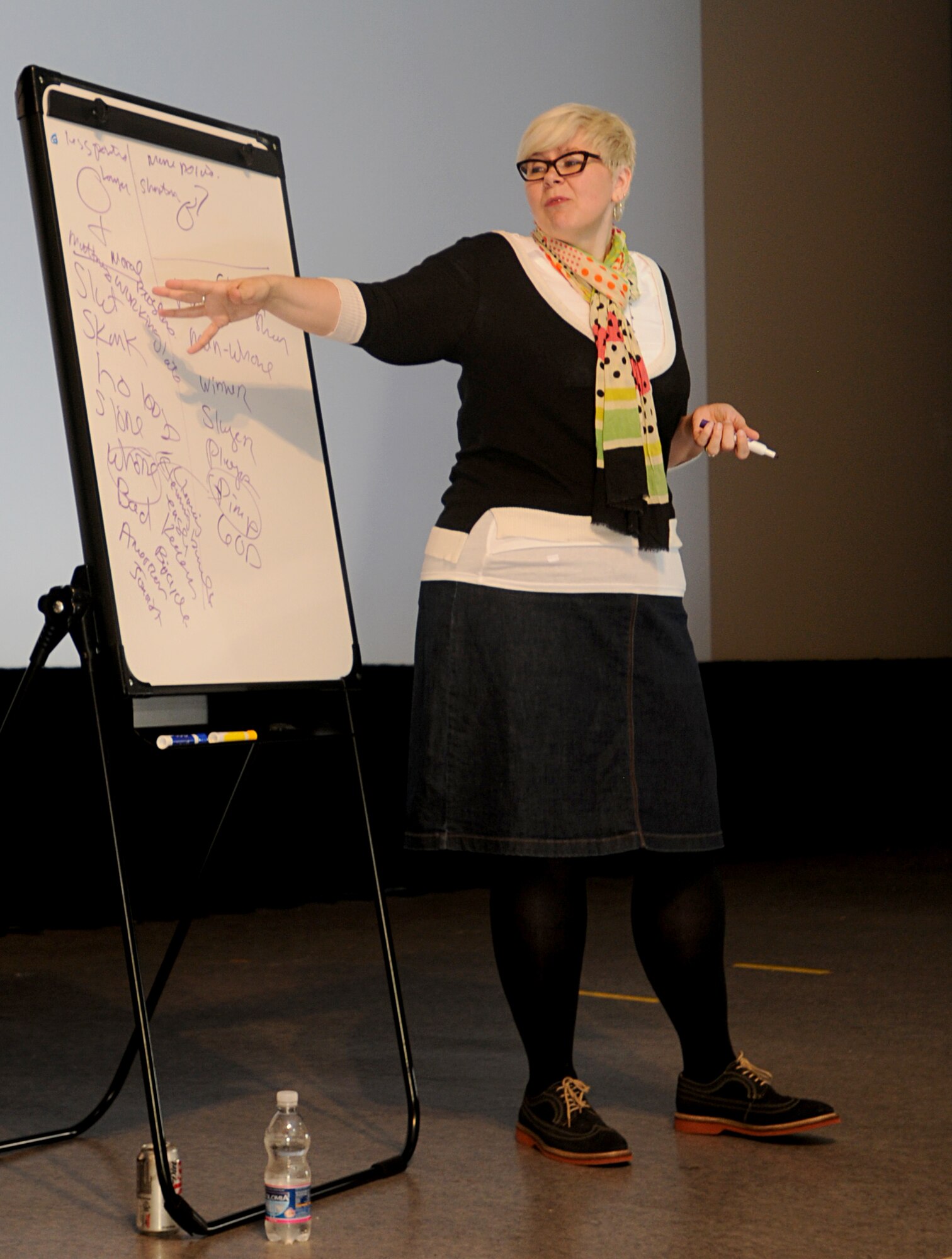Heather Imrie, Catharsis Productions program development director, talks to Airmen during Afterburner in an effort to engage Airmen in an open discussion on sexual assault awareness May 7, 2013, at Aviano Air Base, Italy. During the interactive training session, Imrie discussed the differences between healthy and unhealthy sexual encounters, stereotypes of hooking up and the perpetuation of a social culture that supports rapists. (U.S. Air Force photo/Airman Ryan Conroy)
