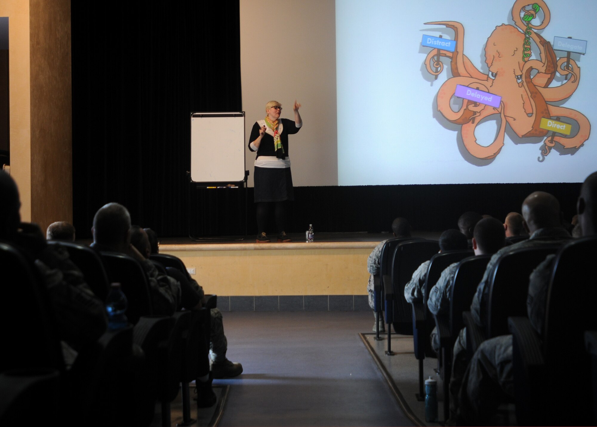 Heather Imrie, Catharsis Productions program development director, talks to Airmen during Afterburner in an effort to engage Airmen in an open discussion on sexual assault awareness May 7, 2013, at Aviano Air Base, Italy. During the interactive training session, Imrie discussed the differences between healthy and unhealthy sexual encounters, stereotypes of hooking up and the perpetuation of a social culture that supports rapists. (U.S. Air Force photo/Airman Ryan Conroy)