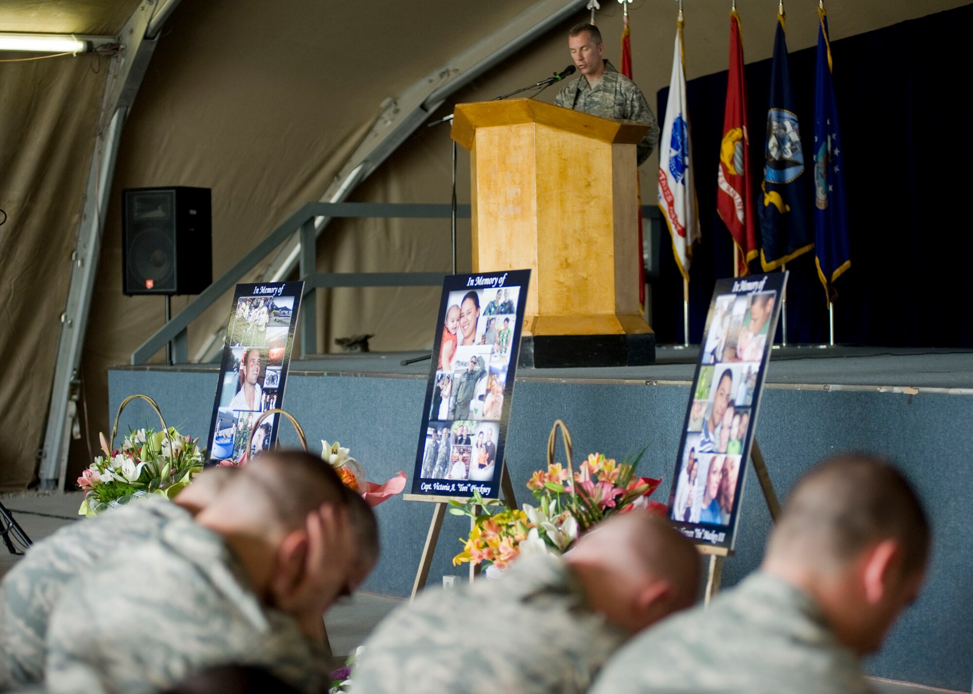 Lt. Col. Michael Butler, 376th Air Expeditionary Wing chaplain, speaks during a memorial service May 9, 2013, at Transit Center at Manas, Kyrgyzstan. More than 300 U.S. service members attended and mourned their fallen brothers and sister in arms.  (U.S. Air Force photo/Staff Sgt. Stephanie Rubi)