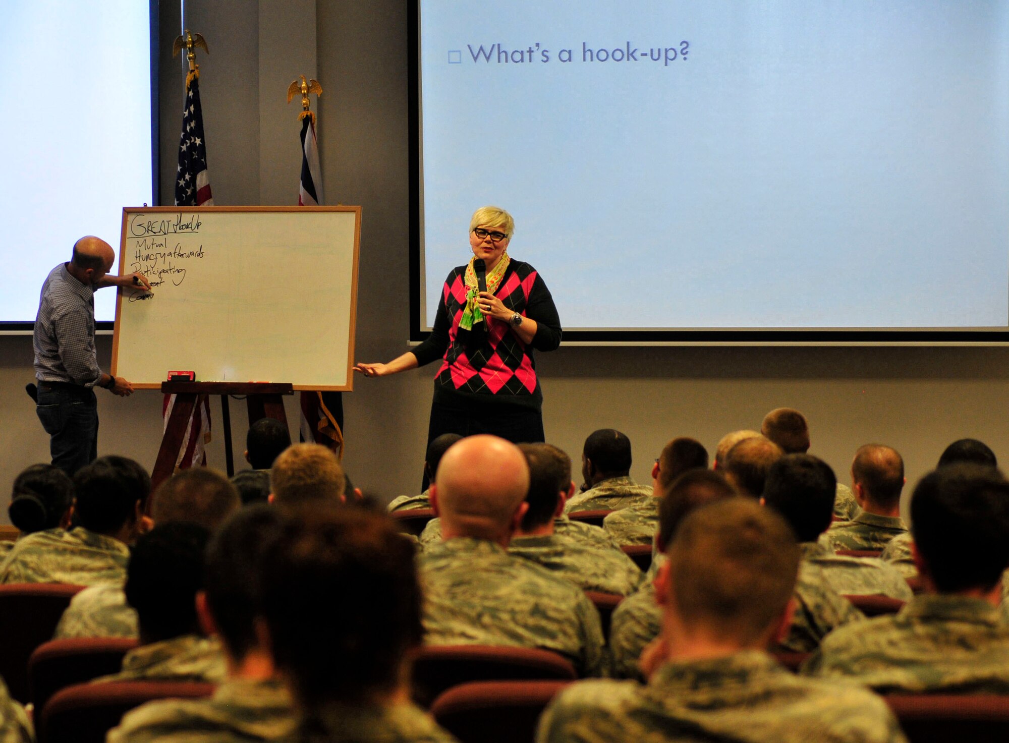 ROYAL AIR FORCE LAKENHEATH, England – Heather Imrie (right), director of program development of Catharsis Productions and Christian Murphy (left), executive director and co-owner of Catharsis Productions, have an interactive discussion with Liberty Wing Airmen about sexual assault prevention at the Strike Eagle Complex May 8, 2013. The program focuses on the culture of “hooking up” and the meanings of social interactions. (U.S. Air Force photo by Airman 1st Class Trevor T. McBride)      