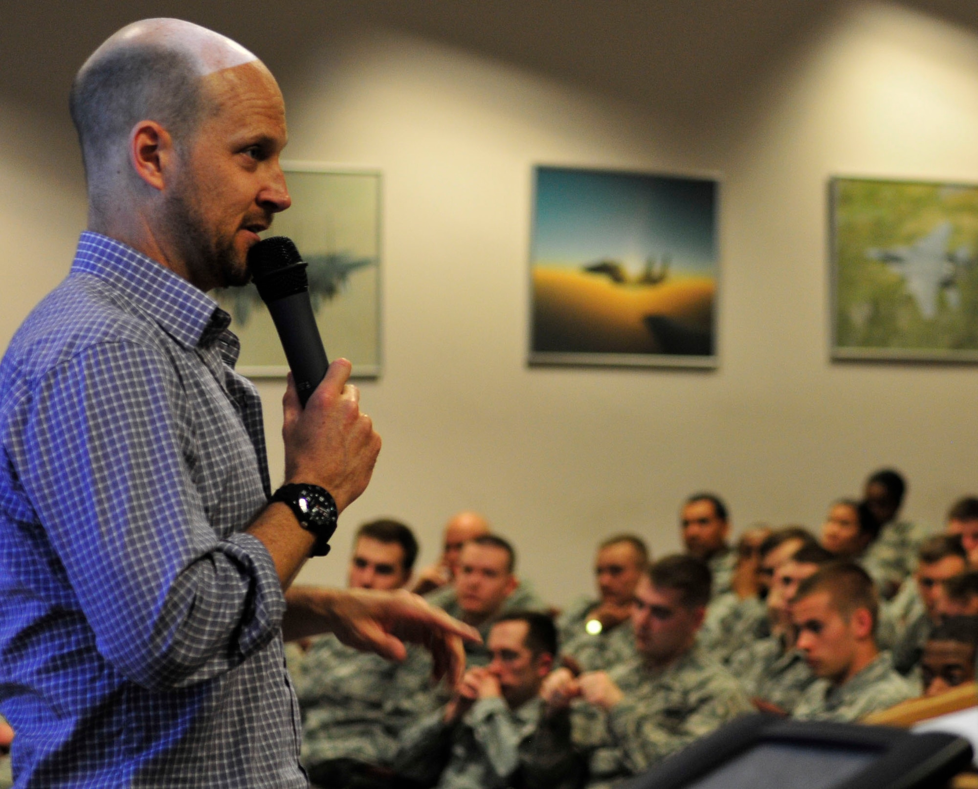 ROYAL AIR FORCE LAKENHEATH, England -- Christian Murphy, executive director and co-owner of Catharsis Productions, speaks to Liberty Wing Airmen about sexual assault at the Strike Eagle Complex May 8, 2013. The program focuses on the culture of "hooking up" and the meanings of social interactions. (U.S. Air Force photo by Airman 1st Class Trevor T. McBride)
