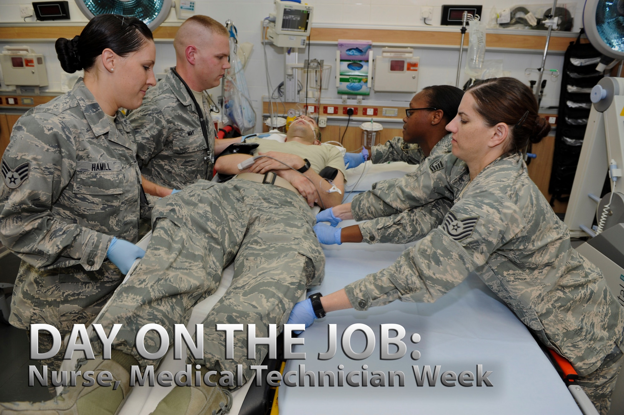 Airmen from the 379th Expeditionary Medical Operations Squadron practice their skills in caring for mock patient, Senior Airman Jason Henderson, 379th EMDOS medical technician, May 9, 2013, at the 379th Air Expeditionary Wing’s medical facility. These Airmen deployed here from Joint Base Langley-Eustis, Va. The Air Force Medical Service celebrates Nurse and Medical Technician week May 6 - 12. Nurses and medical technicians — Active Duty, Reserve, Guard, civilians and contractors — support U.S. servicemen and women across the globe. (U.S. Air Force photo/Senior Airman Benjamin Stratton)