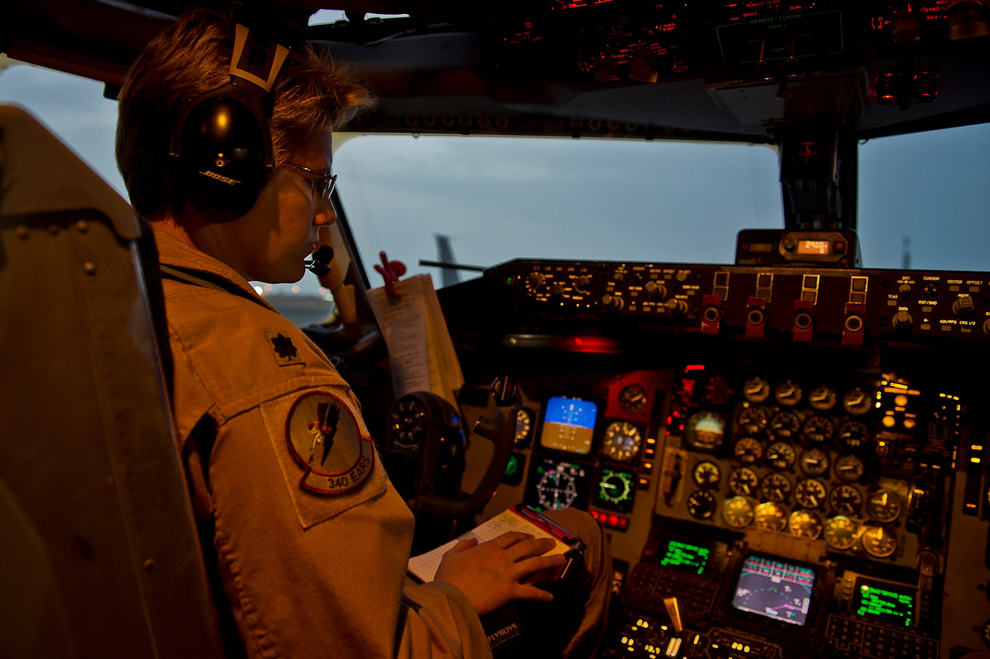 Lt. Col. Stacy Wharton, a 340th Expeditionary Air Refueling Squadron KC-135 Stratotanker pilot, makes initial preparations for an air refueling mission at an undisclosed air base, Southwest Asia, April 25. The mission supported air operations in and around Afghanistan as part of Operation Enduring Freedom. Wharton is deployed from the 931st Air Refueling Group, McConnell Air Force Base, Kan. (U.S. Air Force photo/Staff Sgt. Alexander Martinez)