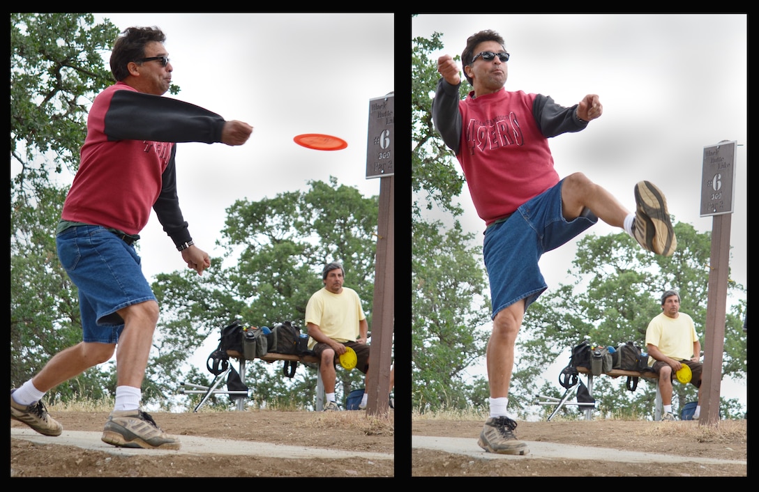 Paul Scholz, of the Orland ACES, drives off the tee of the sixth hole at the Black Butte Lake Disc Golf Course at the U.S. Army Corps of Engineers Sacramento District park near Orland, California. (U.S. Army Corps of Engineers photo by Robert Kidd/Released)