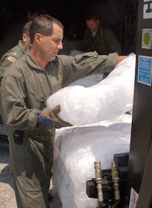 PICAYUNE, Miss. (Sept. 4, 2005) -- Soldiers and civilians of Crew Aviation Technology and Test Center from Fort Rucker, Ala., load ice onto a forklift at a supply distribution point. The CATTC has two CH-47F Chinook helicopters participating in the Hurricane Katrina relief effort. (photo by Spc. Joshua M. Risner)