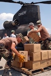 PICAYUNE, Miss.  -- Army National Guard soldiers unload meals ready to eat off a CH-47 Chinook helicopter at a supply distribution point. (photo by Spc. Joshua M. Risner)