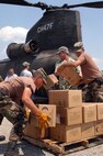 PICAYUNE, Miss.  -- Army National Guard soldiers unload meals ready to eat off a CH-47 Chinook helicopter at a supply distribution point. (photo by Spc. Joshua M. Risner)