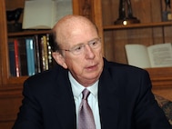 U.S. Ambassador to Canada David H. Wilkins talks with a reporter during a visit to the headquarters of North American Aerospace Command and U.S. Northern Command in Colorado Springs, Colo. 
