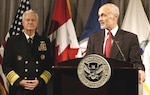 Homeland Security Secretary Michael Chertoff talks with media during his visit to the headquarters of the United States Northern Command, Peterson Air Force Base. NORAD-USNORTHCOM Commander Adm. Timothy J. Keating introduced Chertoff at the news conference.