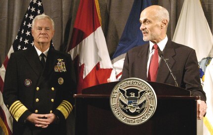 Homeland Security Secretary Michael Chertoff talks with media during his visit to the headquarters of the United States Northern Command, Peterson Air Force Base. NORAD-USNORTHCOM Commander Adm. Timothy J. Keating introduced Chertoff at the news conference.