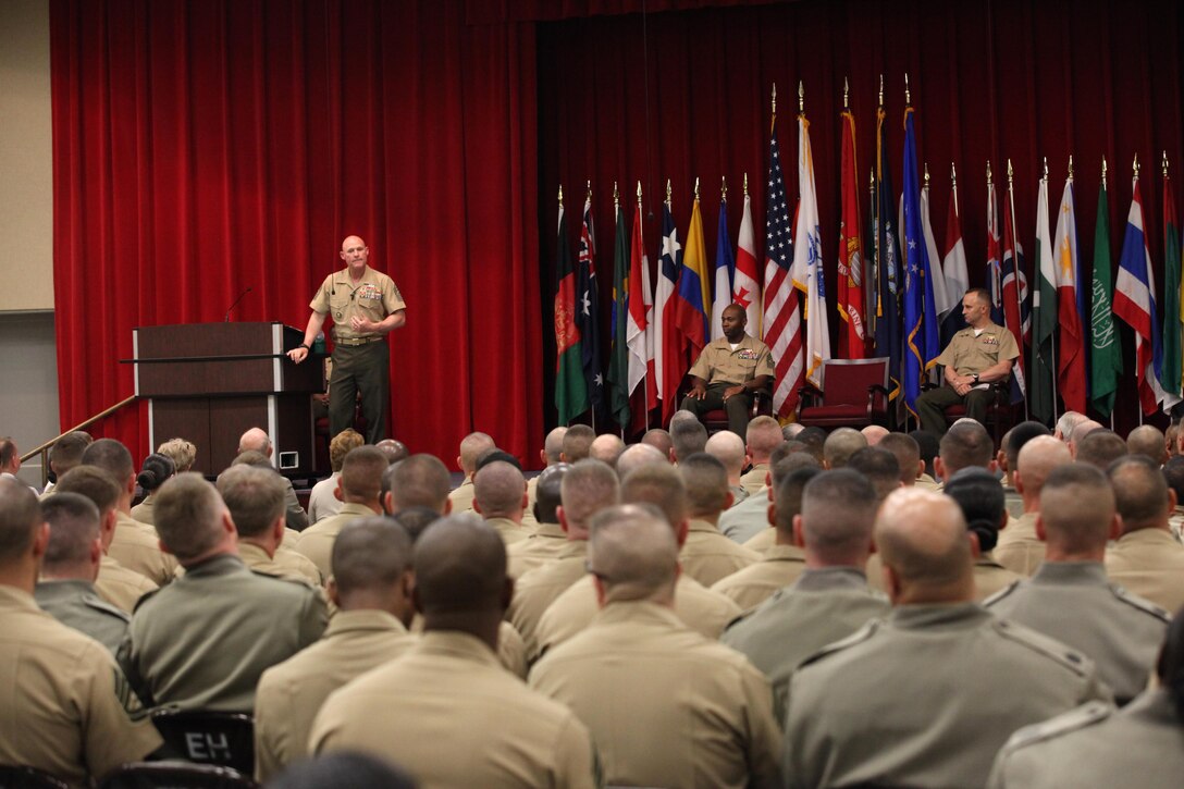 Sgt. Maj. Micheal P. Barrett, the 17th Sergeant Major of the Marine Corps, speaks at the Sergeant Walter K. Singleton Distinguished Lecture Series, at Ellis Hall on Marine Corps Base Quantico, Va., May 8, 2013. (U.S. Marine Corps photo by Sgt. Marionne T. Mangrum)