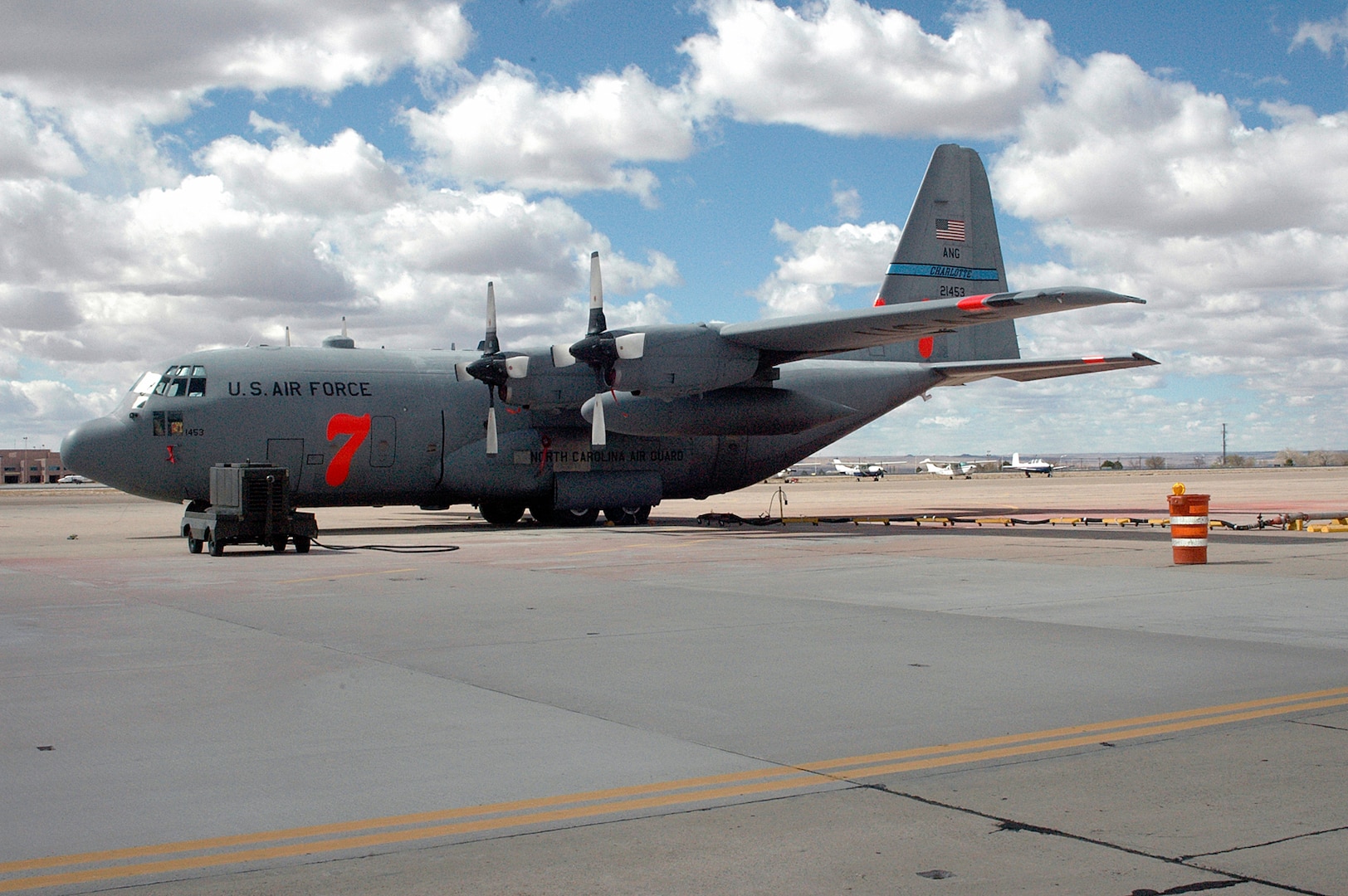 A MAFFS-capable C-130 sits on a ramp at Kirtland Air Force Base, N.M. The MAFFS unit is deployed to Kirtland to lend air support to wildfires in West Texas. (U.S. Air Force photo by Mara Minwegen)