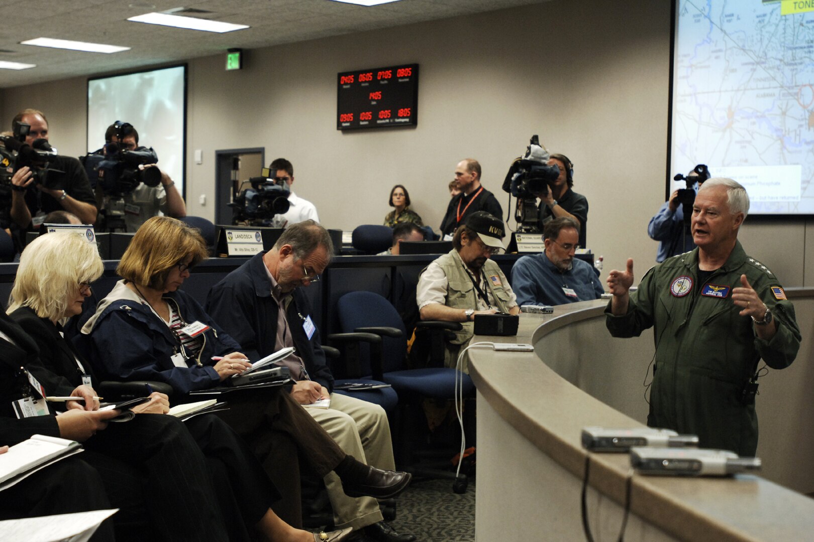 Adm. Timothy J. Keating, commander of U.S. Northern Command, addresses local, regional and national media on the command's disaster relief preparations for the upcoming hurricane season during the USNORTHCOM Hurricane Preparation Media Day May 4.