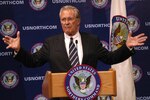 Secretary of Defense Donald Rumsfeld addresses local, regional and national media during his May 31 visit to USNORTHCOM.