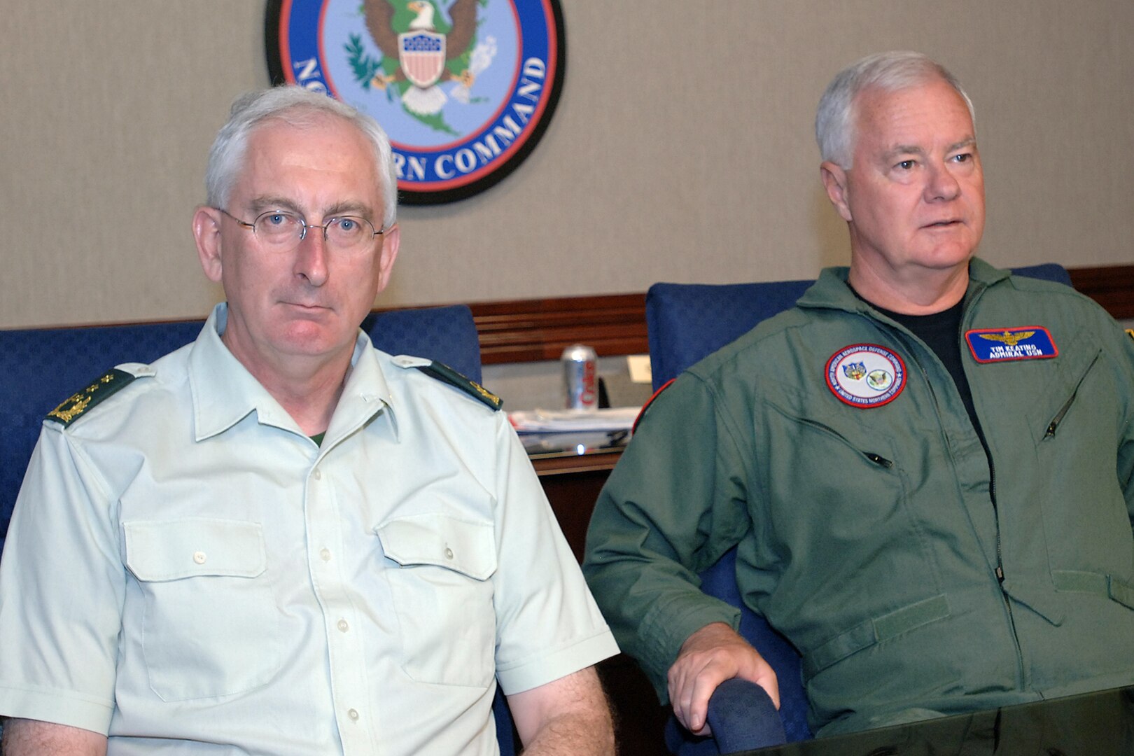 Lt. Gen. Hans Sonneveld (left), Vice Chief of Defense of the Netherlands Armed Forces, meets with Adm. Timothy J. Keating, commander of the North American Aerospace Defense Command and U.S. Northern Command, during a visit to NORAD and USNORTHCOM headquarters at Peterson Air Force Base, Colo., Sept. 4-5, 2006