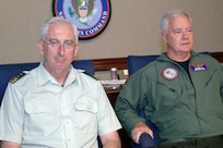 Lt. Gen. Hans Sonneveld (left), Vice Chief of Defense of the Netherlands Armed Forces, meets with Adm. Timothy J. Keating, commander of the North American Aerospace Defense Command and U.S. Northern Command, during a visit to NORAD and USNORTHCOM headquarters at Peterson Air Force Base, Colo., Sept. 4-5, 2006