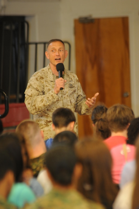 Brig. Gen. Frank L. Kelley, commander, Marine Corps Systems Command, introduces Quantico Middle/High School students to the importance of Science, Technology, Engineering and Mathematics during the STEM event on May 9, 2103. Kelley has a degree in Aerospace Engineering and spoke on the importance of STEM in our country’s development.