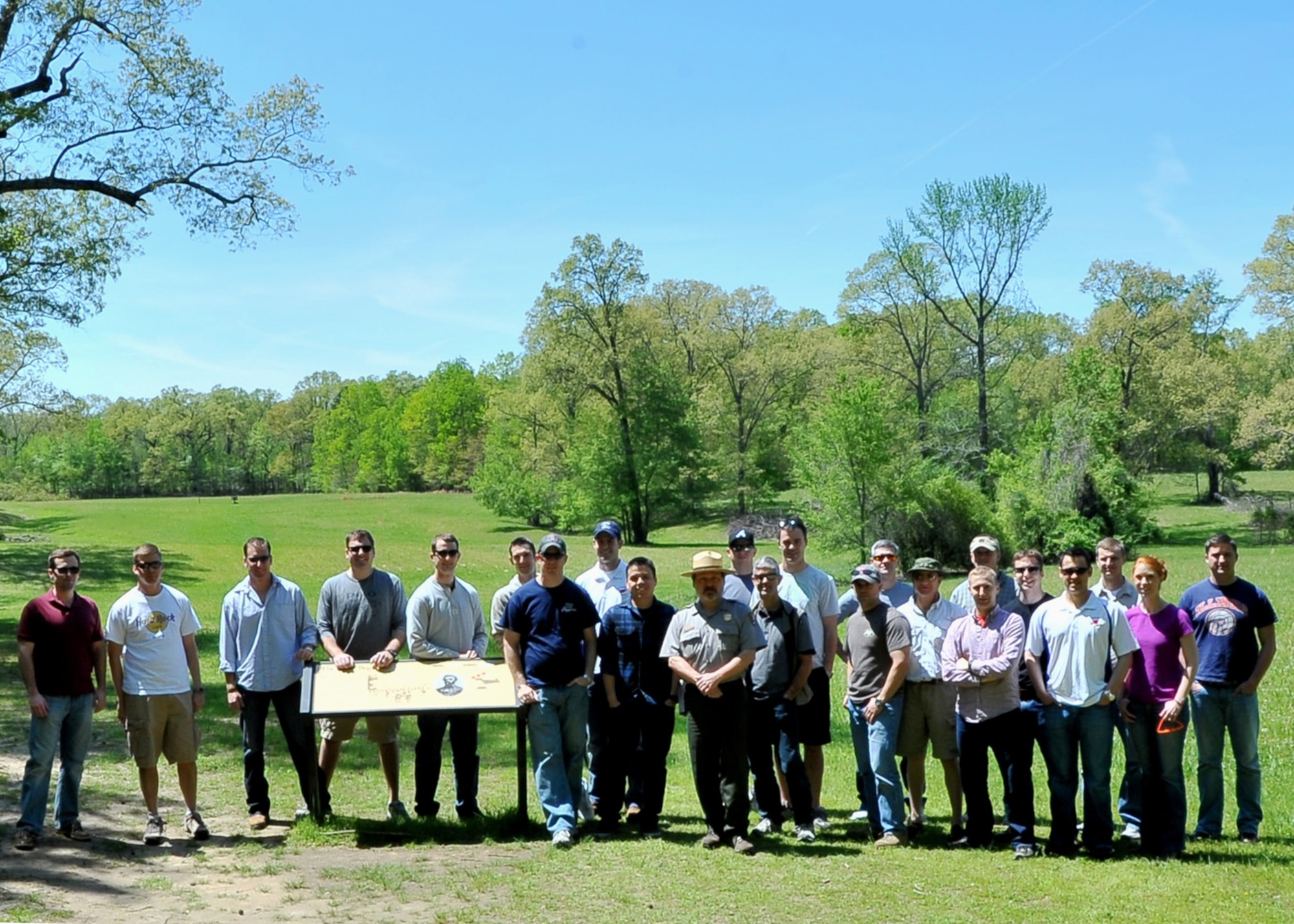 Airmen from the T-6 squadrons on Columbus Air Force Base pose in front of Fraley Field on April 20. Fraley field was where the battle of Shiloh began, as Union soldiers came into contact with tens of thousands of Confederate soldiers.  (U.S. Air Force Photo/Airman 1st Class Stephanie Englar)
