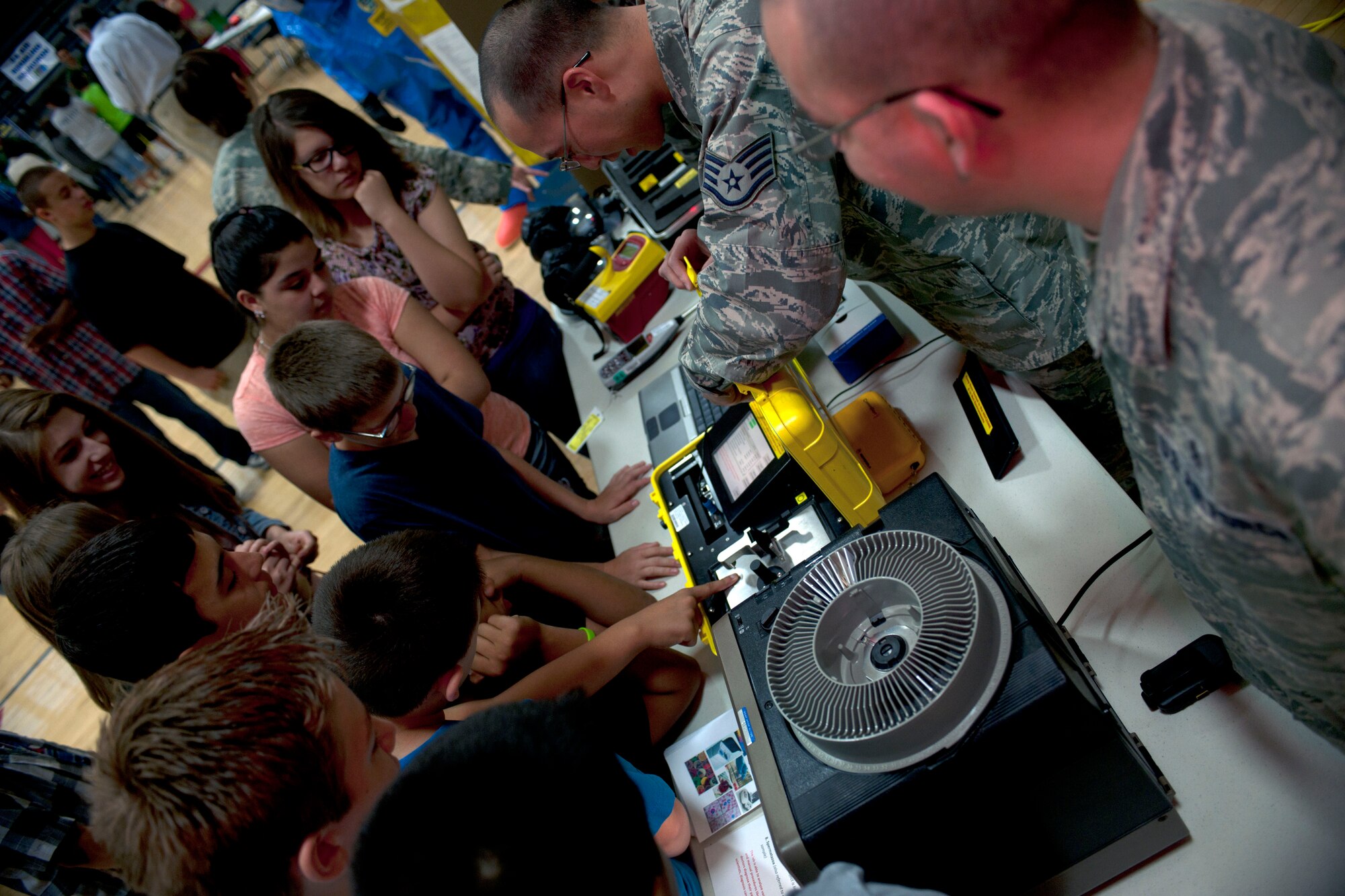 ALTUS, Okla. – Airmen from various squadrons of Altus Air Force Base and local businesses worked together to host a Science, Technology, Engineering, and Mathematics Fair at Altus High School, May 9. The STEM program is recognized by the Air Force as a critical need for students to develop talent in future technologies and innovative efforts within our nation’s STEM workforce. (U.S. Air Force Photo by Senior Airman Jesse Lopez / Released)
