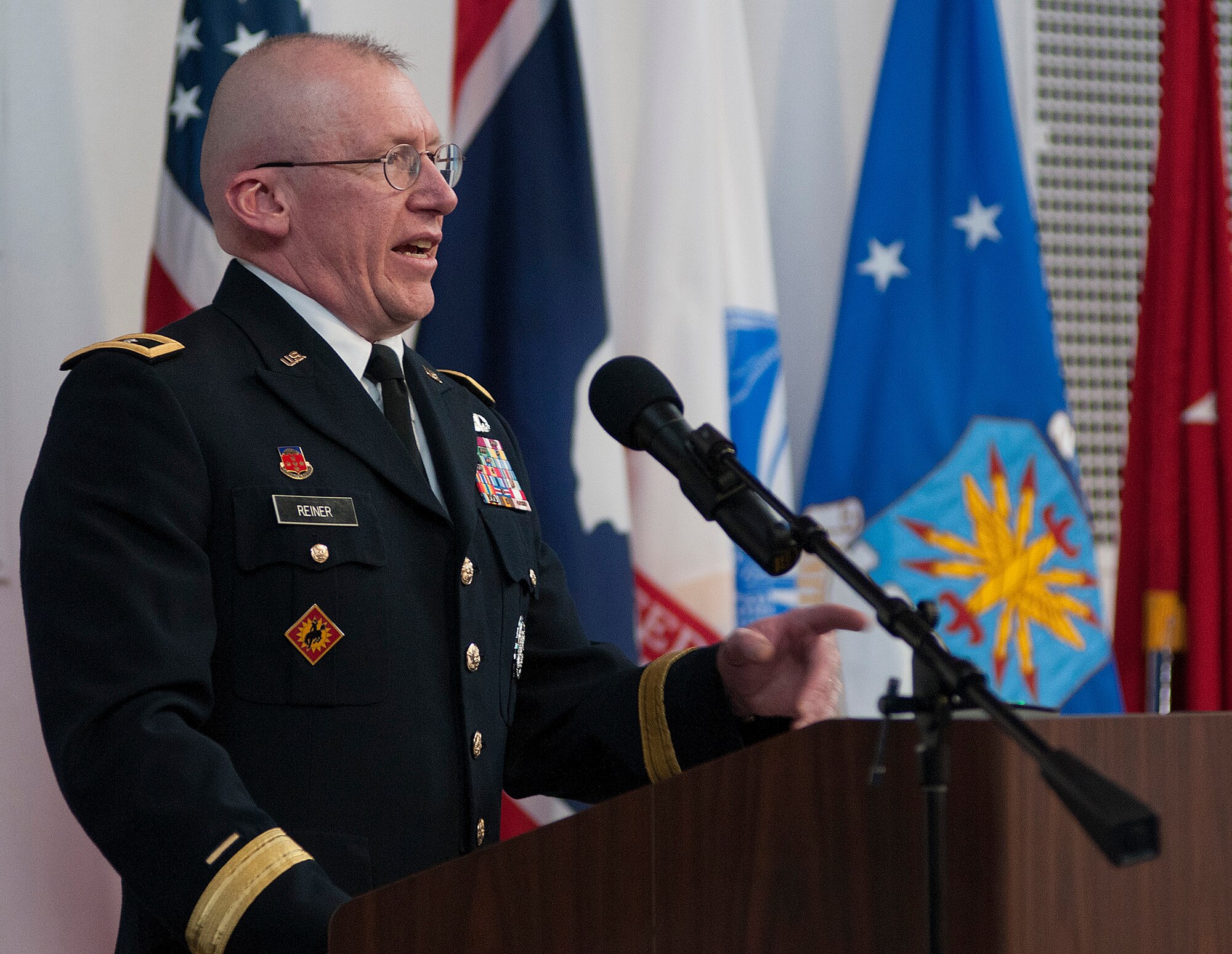Maj. Gen. Luke Reiner, Wyoming National Guard adjutant general, speaks at the Cheyenne Chamber of Commerce Military Affairs Committee luncheon in the Fall Hall Community Center here May 3. (U.S. Air Force photo by R.J. Oriez)