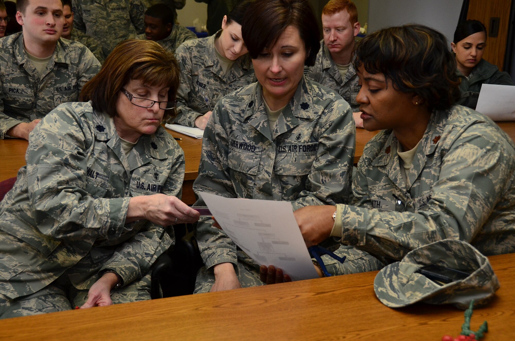 WRIGHT-PATTERSON AIR FORCE BASE, Ohio – From left to right; 445th Aeromedical Staging Squadron reservists Lt. Cols. Kathleen Stierwalt and Rachel Sherwood, both clinical nurses, and Maj. Marie Smith, health services officer, discuss an exercise scenario as part of their simple triage and rapid treatment method, or START, training conducted during the Feb. 24 unit training assembly. (U.S. Air Force photo/Staff Sgt. Amanda Duncan)