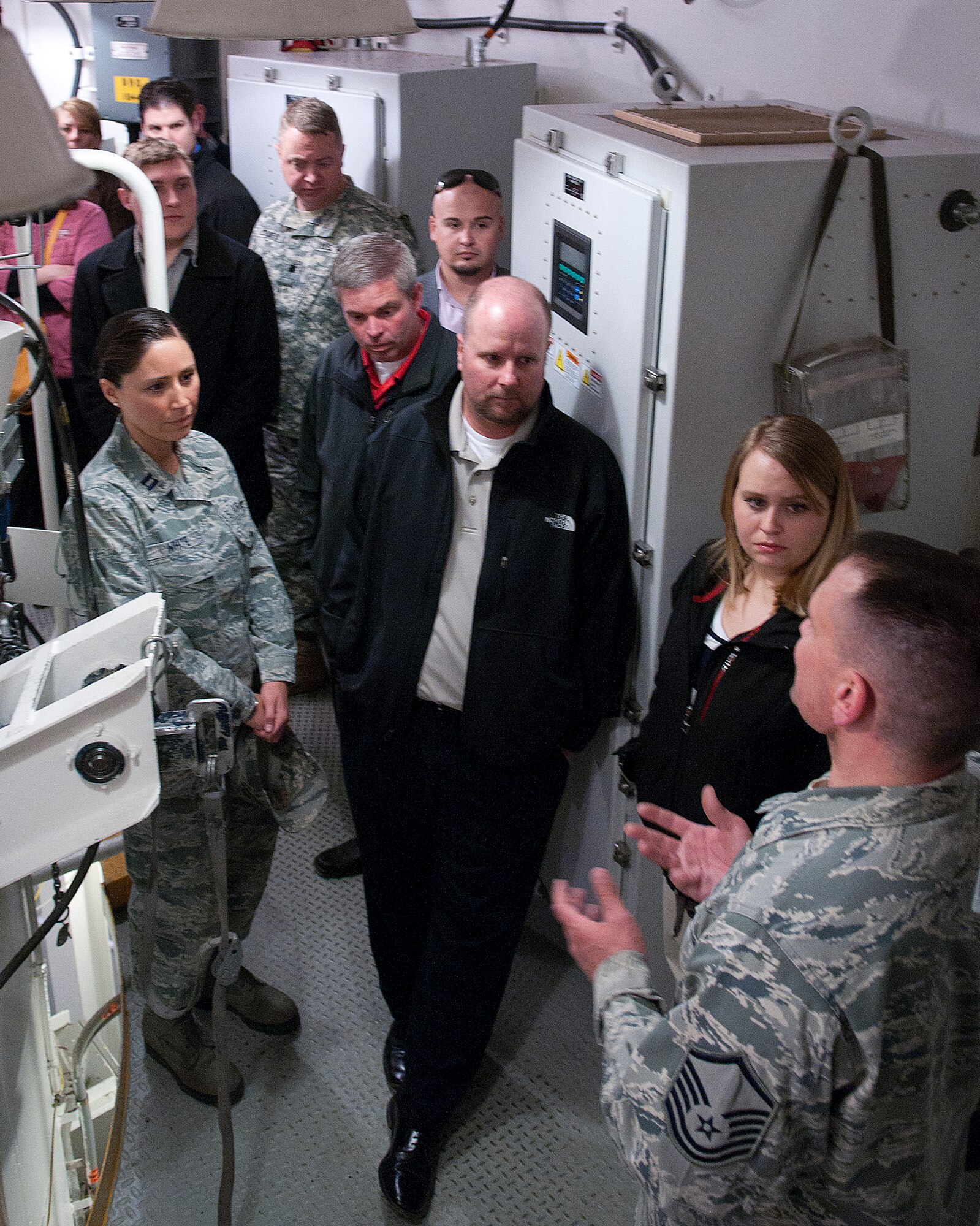 Master Sgt. James Fultz, 90th Maintenance Operations Squadron, tells members of the Leadership Cheyenne class about missile maintenance at a launch facility during a tour of the F. E. Warren training launch facility Friday, April 26. (U.S Air Force photo by R.J. Oriez)