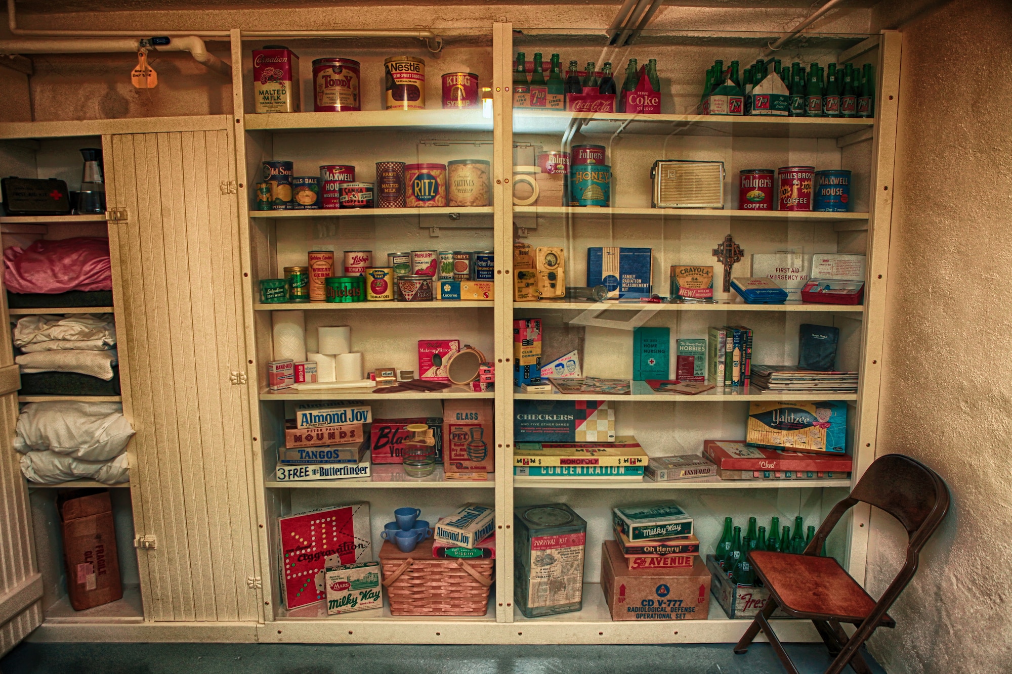 Featured in the basement of the Historic Governor’s mansion is a Cold War bomb shelter complete with food, water, toiletries, and bedding. Rooms such as this were commonplace during the Cold War. (U.S. Air Force photo by Matt Bilden)