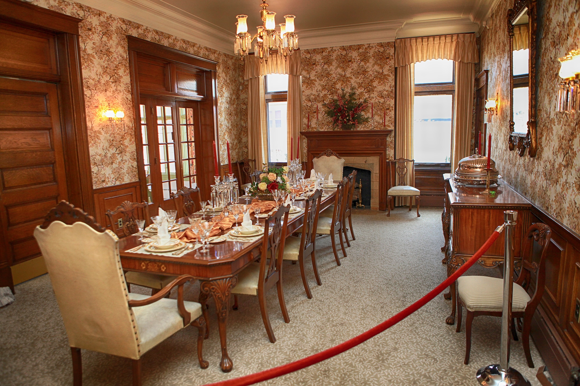 The dining room of the Historic Governor’s mansion remains set for a state dinner, complete with original furniture and cutlery. The home has been host to family dinners, formal state events and dignitaries from around the country. (U.S. Air Force photo by Matt Bilden)