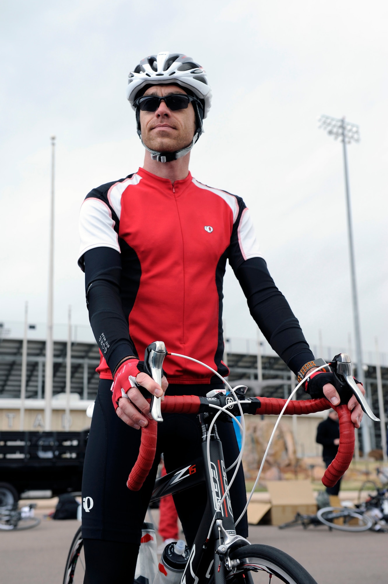Master Sgt. Shawn Schwantes gears up for a bike ride at the Academy during the Wounded Warrior Games training camp held in Colorado Springs, Colo., April 15, 2013. Schwantes is stationed at Joint Base San Antonio-Lackland. (U.S. Air Force photo/Desiree N. Palacios)