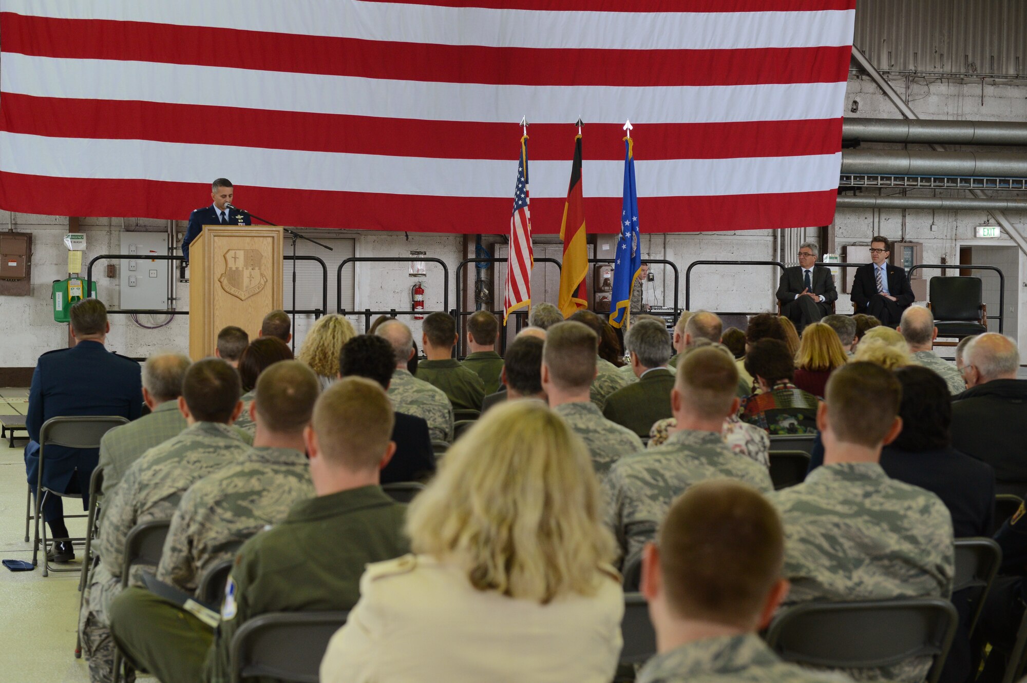 SPANGDAHLEM AIR BASE, Germany – U.S. Air Force Col. David Julazadeh, 52nd Fighter Wing commander, speaks to representatives of the U.S. and German communities May 10, 2013, during Spangdahlem AB’s 60th Anniversary Celebration. The closing ceremony remarks honored the U.S.-German partnership and its strength for the past 60 years. (U.S. Air Force photo by Airman 1st Class Kyle Gese/Released)