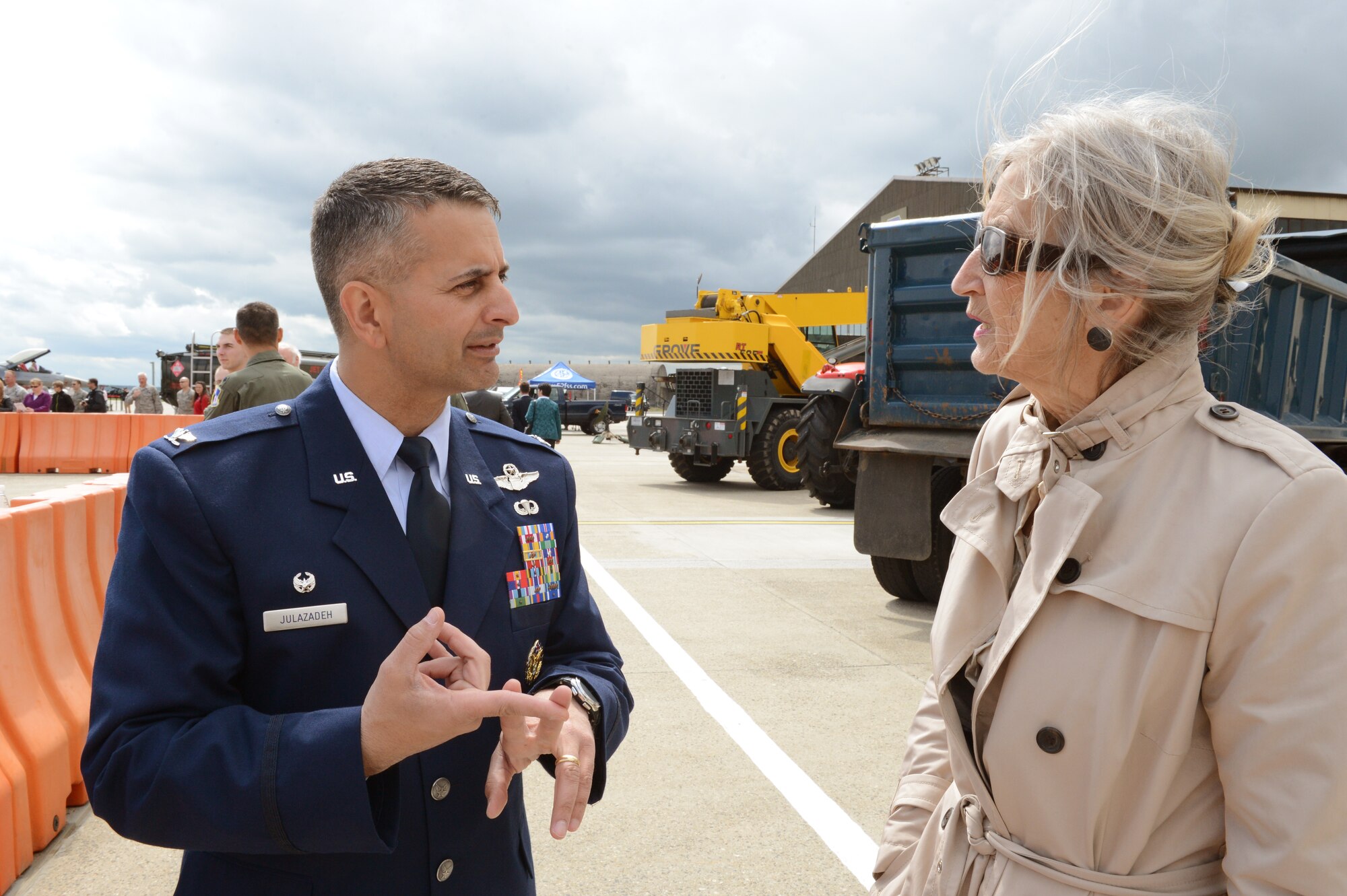 SPANGDAHLEM AIR BASE, Germany – U.S. Air Force Col. David Julazadeh, 52nd Fighter Wing commander, speaks to Marie-Luise Niewodniczanska, a member of the Host Nation Council during Spangdahlem AB’s 60th Anniversary Celebration May 10, 2013. Since 2003, the Host Nation Council has worked to achieve mutual acceptance, understanding, information sharing and cooperation. (U.S. Air Force photo by Airman 1st Class Kyle Gese/Released)
