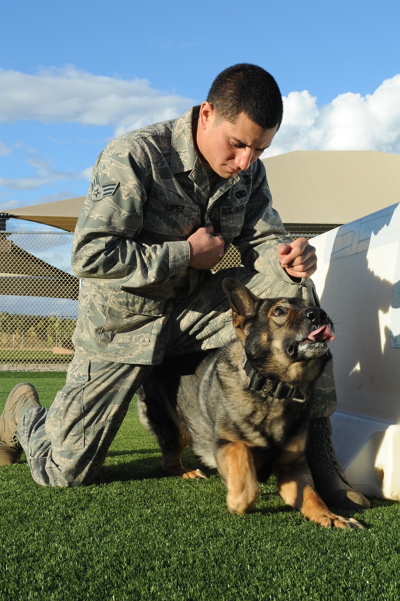 Senior Airman Justin Lopez, 56th Security Forces Squadron military working dog handler, and his dog Oscar, 56th SFS MWD, perform a tactical obedience maneuver at the kennels Dec. 14 on Luke Air Force Base. Lopez and Oscar practice this maneuver as a form of providing cover for the dog during a combat situation. (U.S. Air Force photo/Airman 1st Class James Hensley)