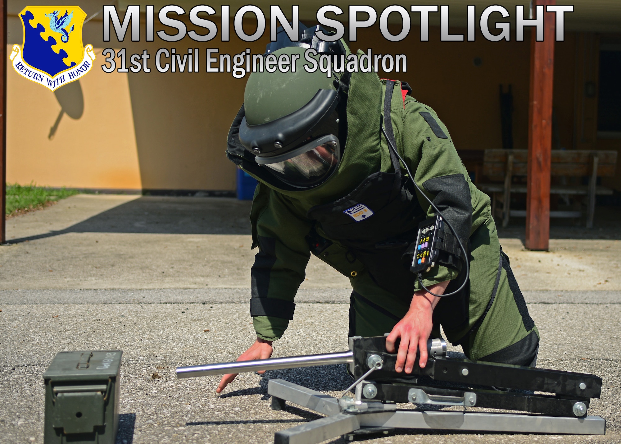 Airman 1st Class Joshua Hill, 31st Civil Engineer Squadron explosive ordnance disposal apprentice, uses a percussionn-actuated neutralizer, a device that helps disable improvised explosives, May 9, 2013, at Aviano Air Base, Italy. Hill is responsible for establishing, operating and maintaining explosive proficiency ranges and identifying, removing and disposing of ordnances. (U.S. Air Force photo illustration/Airman 1st Class Briana Jones)