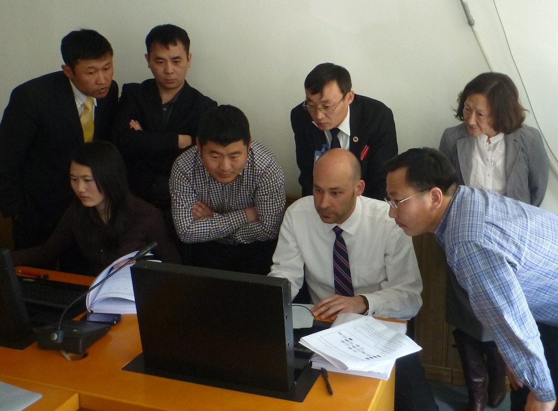 Douglas Swanson from the U.S. Army Corps of Engineers explains iterative coordinate transformation modeling during the Advanced Geographic Information Systems (GIS)Workshop, which was conducted in Mongolia April 29 to May 2. The U.S. Army Corps of Engineers led the instruction at the U.S. Pacific Command-sponsored workshop. The workshop was the third in a series of GIS exchanges that have coupled subject matter experts from Mongolia and the United States. 