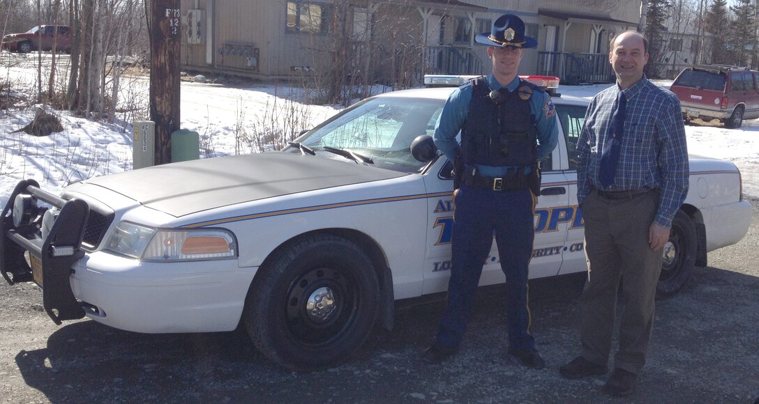 Ed Luteran, quality management assistant for the U.S. Army Corps of Engineers-Alaska District, accompanies Trooper Andrew Gault on a patrol shift as part of the Alaska State Troopers Citizen Academy. Luteran was among 30 local residents who completed the academy’s second session in April.