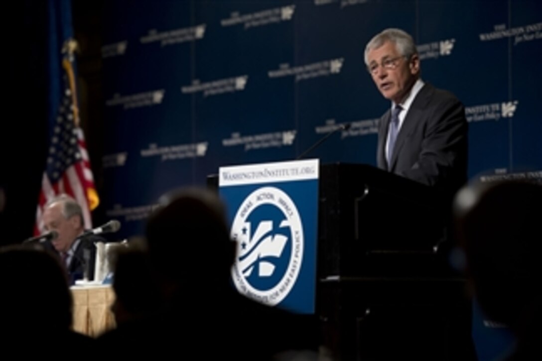 Secretary of Defense Chuck Hagel speaks at the 2013 Soref Symposium held by the Washington Institute for Near East Policies in Washington, D.C., on May 9, 2013. Hagel spoke about the U.S. Defense policy in the Middle East and referenced his recent trip to the area.  