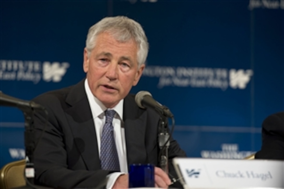 Secretary of Defense Chuck Hagel participates in a panel discussion at the 2013 Soref Symposium held by the Washington Institute for Near East Policies in Washington, D.C., on May 9, 2013. Hagel addressed the U.S. Defense policy in the Middle East and referenced his recent trip to the area.  