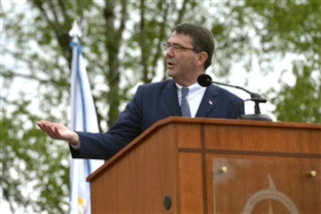 Deputy Secretary of Defense Ashton B. Carter gives his remarks during the European Command change of command ceremony at Patch Barracks in Stuttgart, Germany, on May 10, 2013.  Carter addressed the audience during the ceremony where U.S. Navy Adm. James G. Stavridis was relieved by Air Force Gen. Phillip M. Breedlove as commander, European Command.  