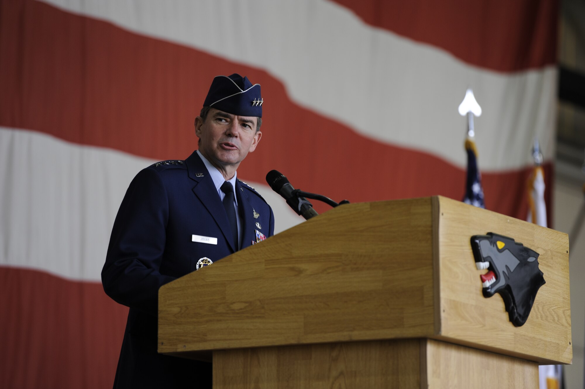 Lt. Gen. Jan-Marc Jouas, 7th Air Force commander, speaks during the 8th Fighter Wing change of command ceremony at Kunsan Air Base, Republic of Korea, May 10, 2013. Jouas transferred command of the wing to the new commander, Col. S. Clinton Hinote. (U.S. Air Force photo by Staff Sgt. Tong Duong/Released)