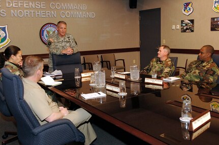Command Sergeant Major Daniel R. Wood, command senior enlisted leader of North American Aerospace Defense Command and U.S. Northern Command, leads a discussion with the commands' senior enlisted troops. Wood, a 26-year Army veteran, assumed his position at NORAD and USNORTHCOM March 26. 