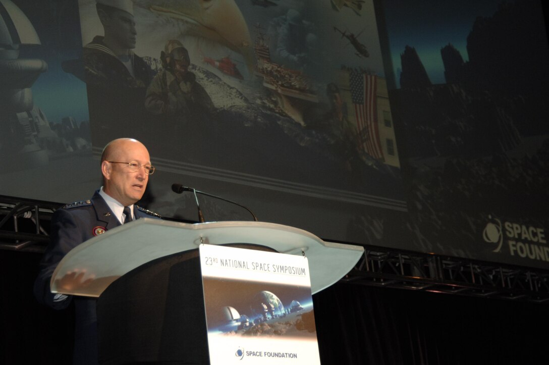General Gene Renuart, commander of NORAD and USNORTHCOM, addresses more than 700 military and civilians from the space industry at the 23rd National Space Symposium April 11. Renuart spoke to conference atendees about the operator's point of view on space technology, and the importance of continuing to develop space-based capabilities. He said that space-based technology is vital to NORAD and USNORTHCOM's missions.