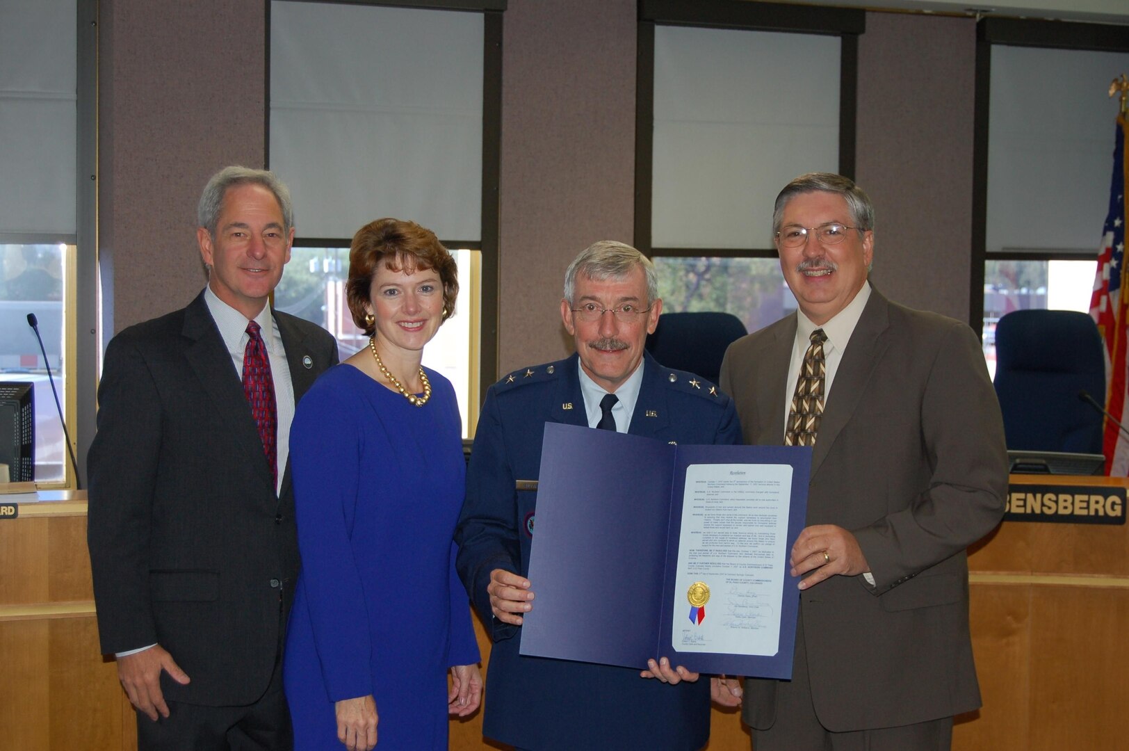 U.S. Northern Command Chief of Staff, Maj. Gen. Paul Sullivan accepted a resolution passed by the Board of Commissioners of El Paso County proclaiming Oct. 1st as "U.S. Northern Command Day" in a ceremony held at the county offices Sept. 27.
