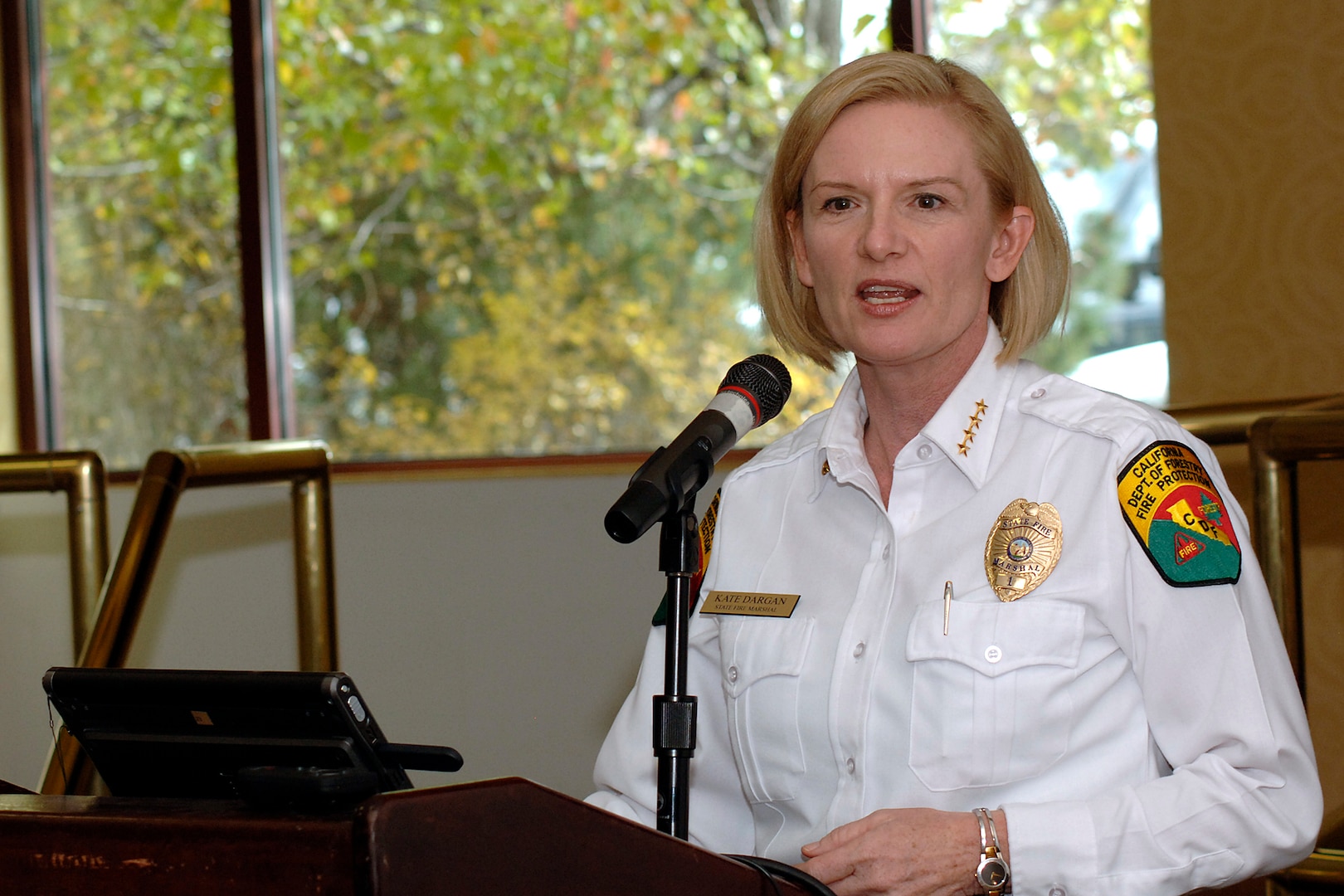 California state fire marshal, Chief Kate Dargan, speaks at the Defense Support of Civil Authorities Executive Seminar in Colorado Springs, Colo., on Nov. 6, 2007. Dargan credited U.S. Northern Command with being the "enabler" of recent wildfire fighting operations in Southern California. 