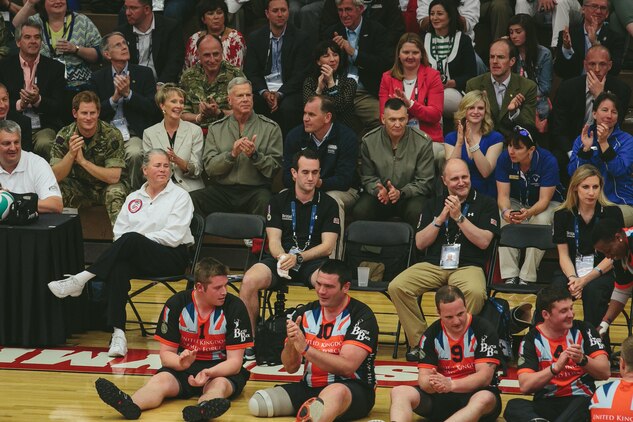 Wounded, ill and injured service member's from the Marine Corps, Army, Navy/Coast Guard and SOCOM showcased their athletic abilities during a heated seated volleyball match against Prince Harry and the British team. For the All-Marine team the Games provides opportunities for them to train as athletes, while increasing their strength so they can continue with military service or develop healthy habits for life outside the service. The forth annual Warrior Games will be held at the Olympic Training Center and Air Force Academy in Colorado Springs, Colo., May 10-16.  Athletes will have a chance to compete in swimming, track and field, volleyball, wheelchair basketball, cycling, shooting and archery.  The All-Marine team will defend their first place title against the Army, Navy /Coast Guard, Air Force and SOCOM. 