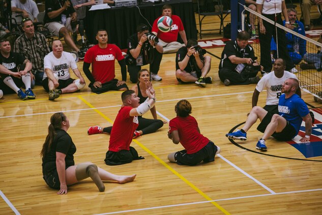 Wounded, ill and injured service member's from the Marine Corps, Army, Navy/Coast Guard and SOCOM showcased their athletic abilities during a heated seated volleyball match against Prince Harry and the British team. For the All-Marine team the Games provides opportunities for them to train as athletes, while increasing their strength so they can continue with military service or develop healthy habits for life outside the service. The forth annual Warrior Games will be held at the Olympic Training Center and Air Force Academy in Colorado Springs, Colo., May 10-16.  Athletes will have a chance to compete in swimming, track and field, volleyball, wheelchair basketball, cycling, shooting and archery.  The All-Marine team will defend their first place title against the Army, Navy /Coast Guard, Air Force and SOCOM.
