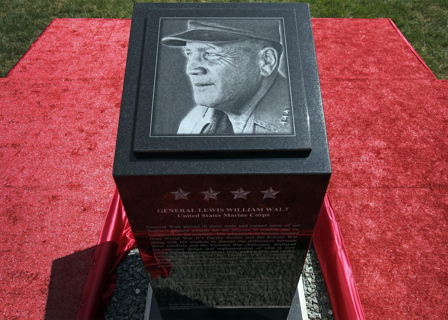 The Marine Corps Information Operations Center (MCIOC) dedicates it's new building, Walt Hall, to General Lewis W. Walt on  April 19, 2013 at Marine Corps Base Quantico, Quantico, Va. Gen. Walt was designated in 1968 as the first four-star Assistant Commandant of the Marine Corps and is recognized as a pioneer in Marine Corps information operations. (Official U.S. Marine Corps photo by Sgt. Kristofer Atkinson/Released)