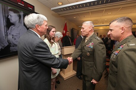 The Marine Corps Information Operations Center (MCIOC) dedicates it's new building, Walt Hall, to General Lewis W. Walt on  April 19, 2013 at Marine Corps Base Quantico, Quantico, Va. Gen. Walt was designated in 1968 as the first four-star Assistant Commandant of the Marine Corps and is recognized as a pioneer in Marine Corps information operations. (Official U.S. Marine Corps photo by Sgt. Kristofer Atkinson/Released)