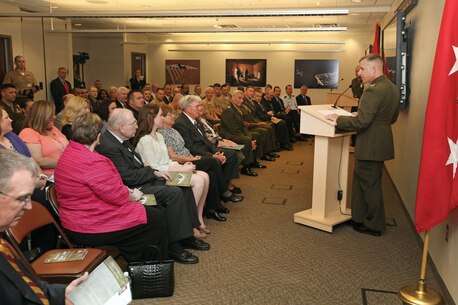 The Marine Corps Information Operations Center (MCIOC) dedicates it's new building, Walt Hall, to General Lewis W. Walt on  April 19, 2013 at Marine Corps Base Quantico, Quantico, Va. Gen. Walt was designated in 1968 as the first four-star Assistant Commandant of the Marine Corps and is recognized as a pioneer in Marine Corps information operations. (Official U.S. Marine Corps photo by Sgt. Kristofer Atkinson/Released)